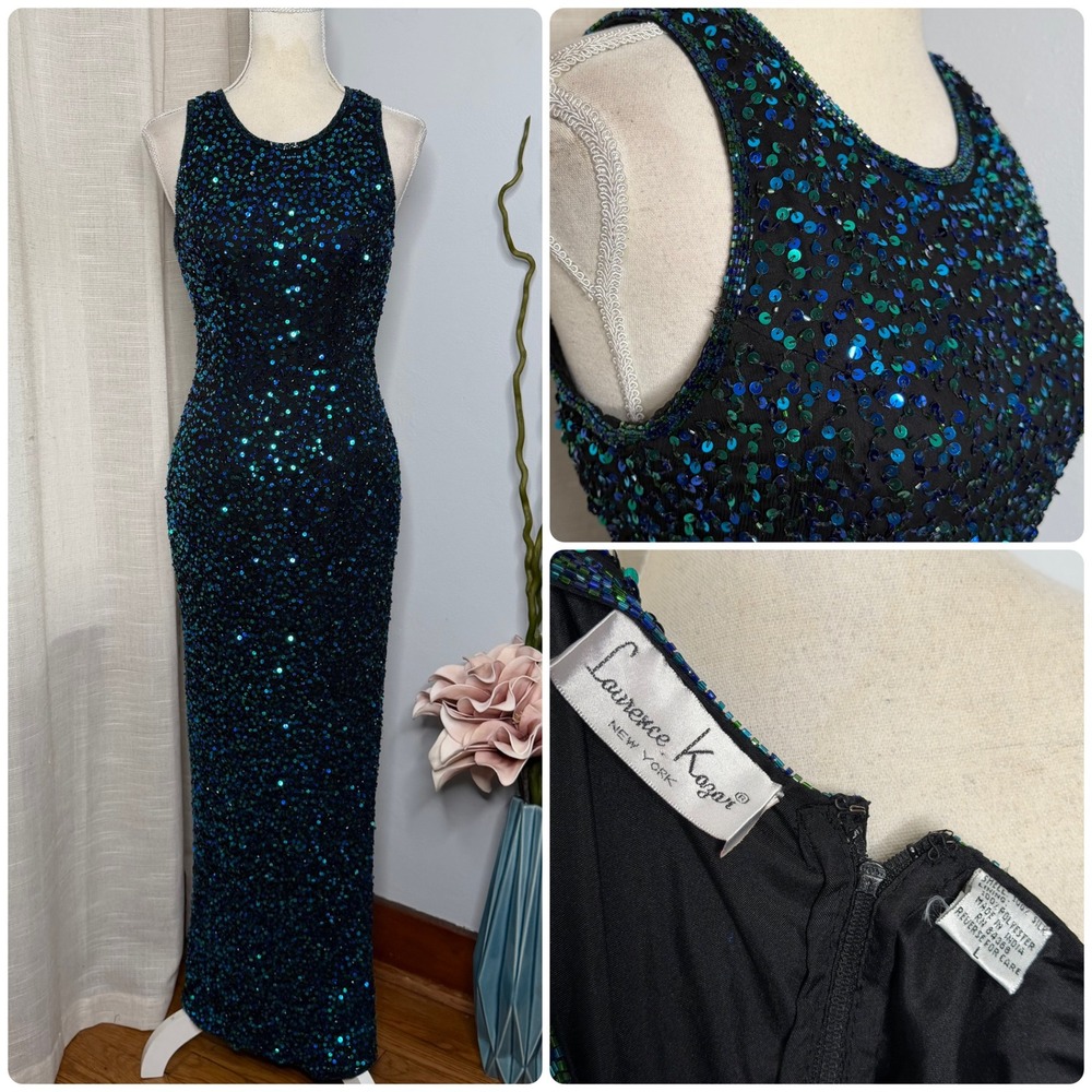 Laurence Kazar 100% Silk Gown Sequins Beaded Dress Blue Green Women's Large
